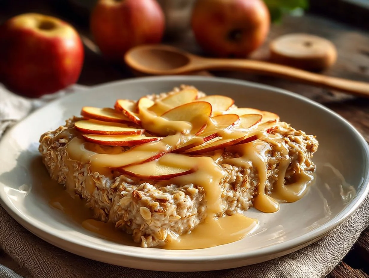 Freshly baked Oatmeal Apple Breakfast Bake served in a rustic dish.