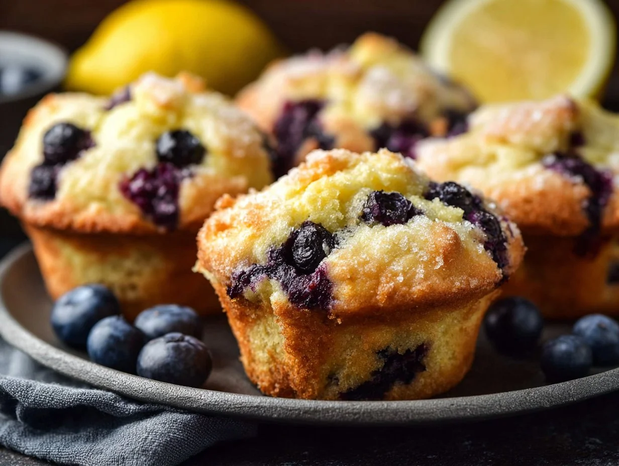 Batch of oil-free lemon blueberry muffins on a white plate