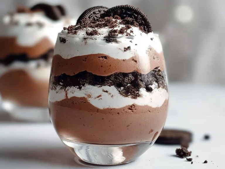 Delicious Oreo Chocolate Mousse Cups topped with Oreo crumbs and whipped cream