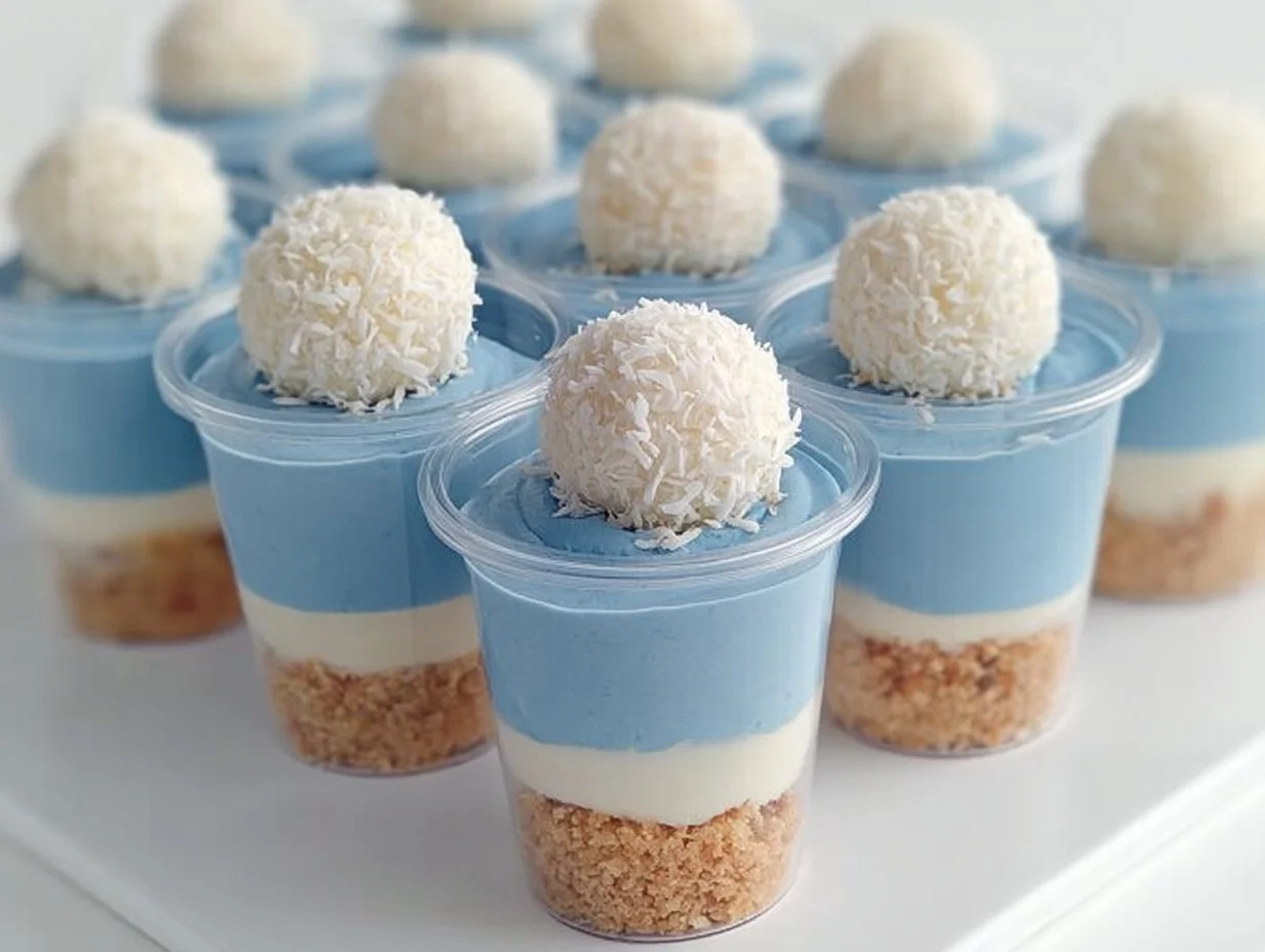 Delicious Raffaello Cheesecake Mini Cups topped with coconut and white chocolate