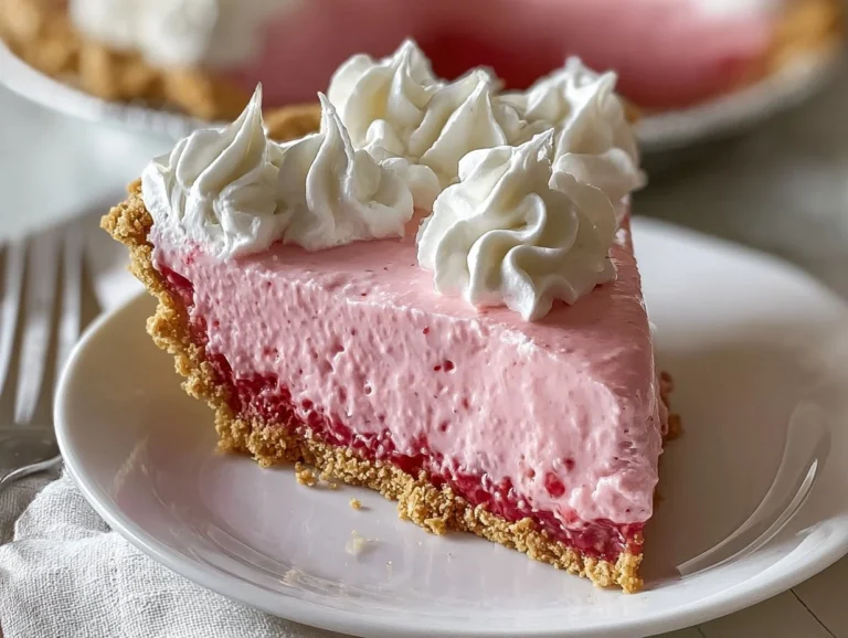 Delicious slice of Raspberry Jello Cream Pie with fresh raspberries on top.