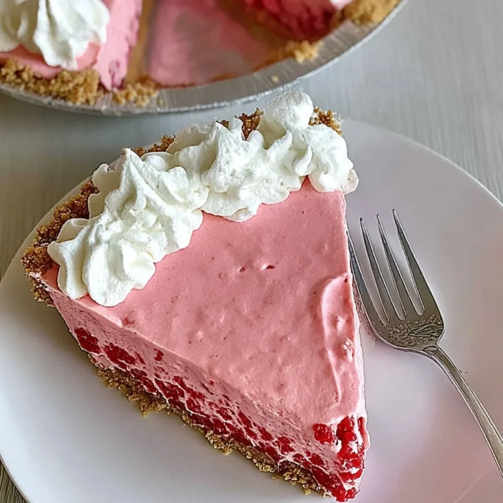 Delicious slice of Raspberry Jello Cream Pie with fresh raspberries on top.