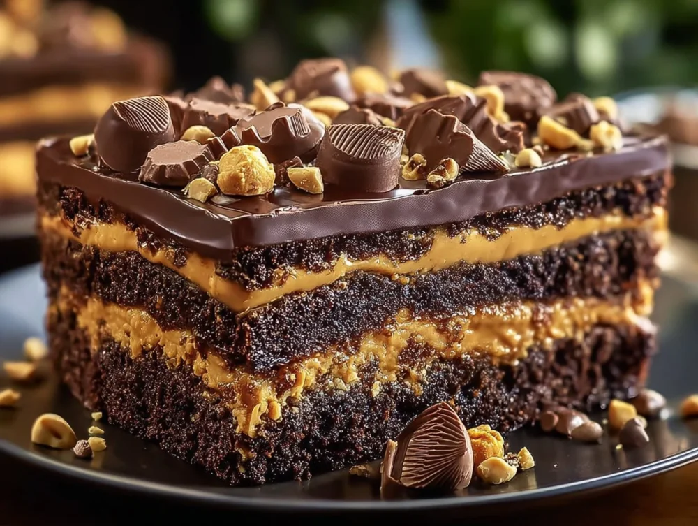 Delicious slice of Reese's Peanut Butter Earthquake Cake topped with chocolate and peanut butter