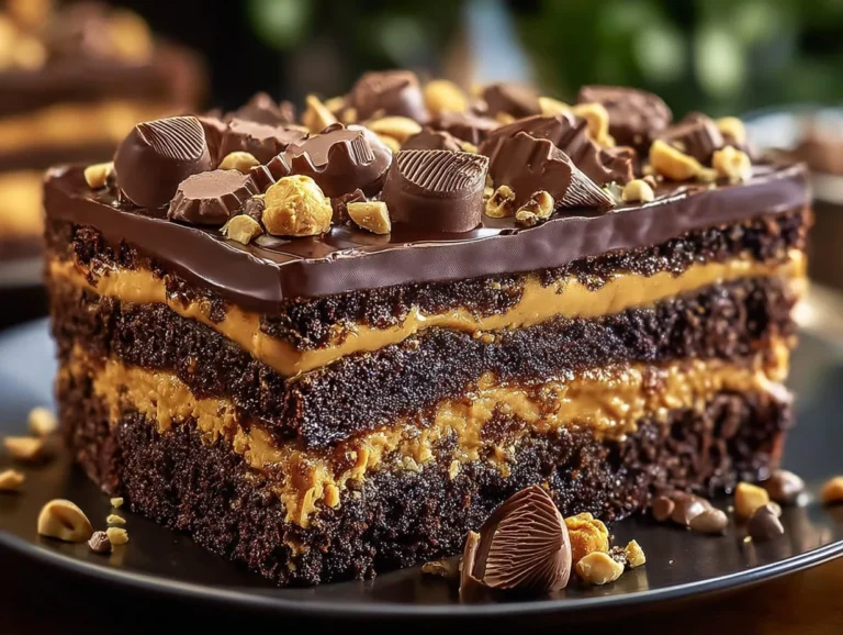 Delicious slice of Reese's Peanut Butter Earthquake Cake topped with chocolate and peanut butter