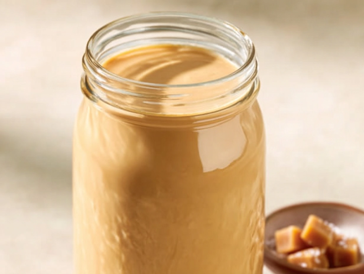 Delicious salted caramel coffee creamer in a glass bottle