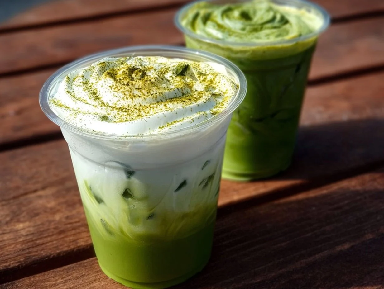 Delicious iced matcha latte with creamy milk and green tea
