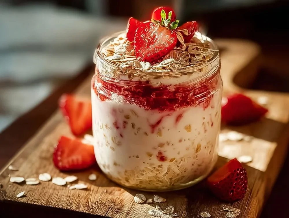 Bowl of strawberries and cream overnight oats topped with fresh strawberries