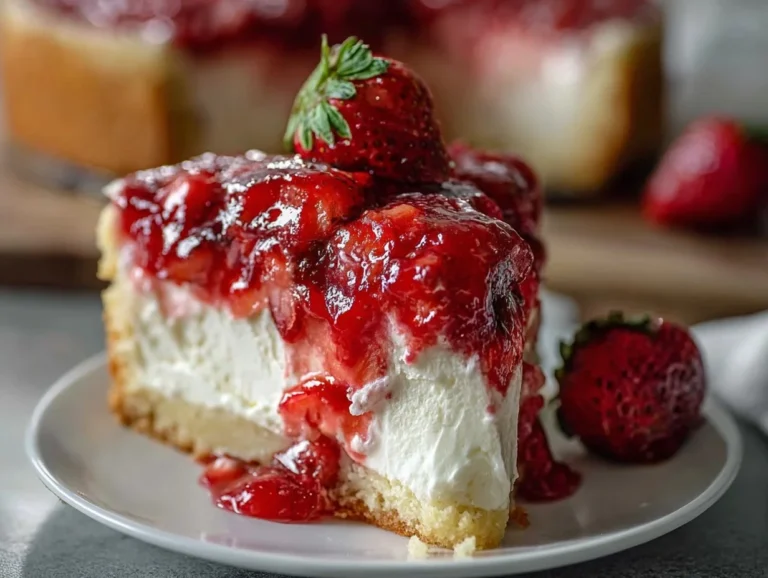 A delicious strawberry earthquake cake topped with strawberries and cream.