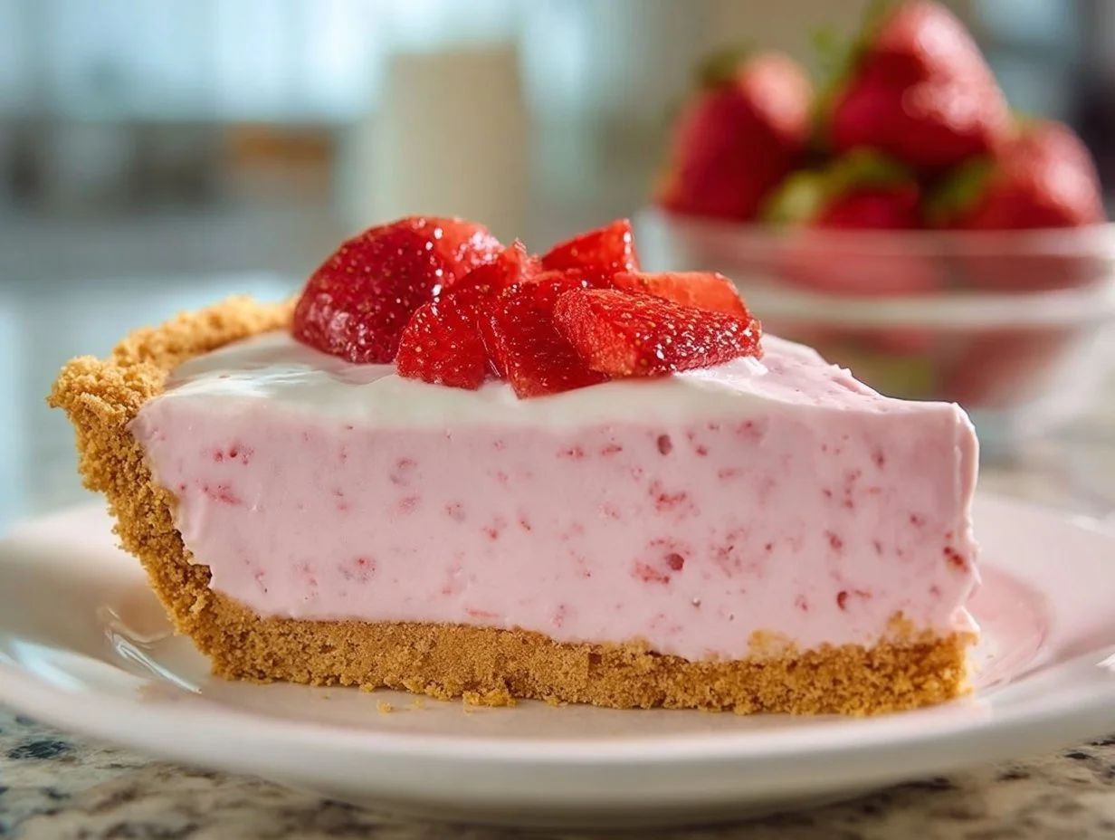 Delicious homemade Strawberry Mousse Pie with fresh strawberries on top.