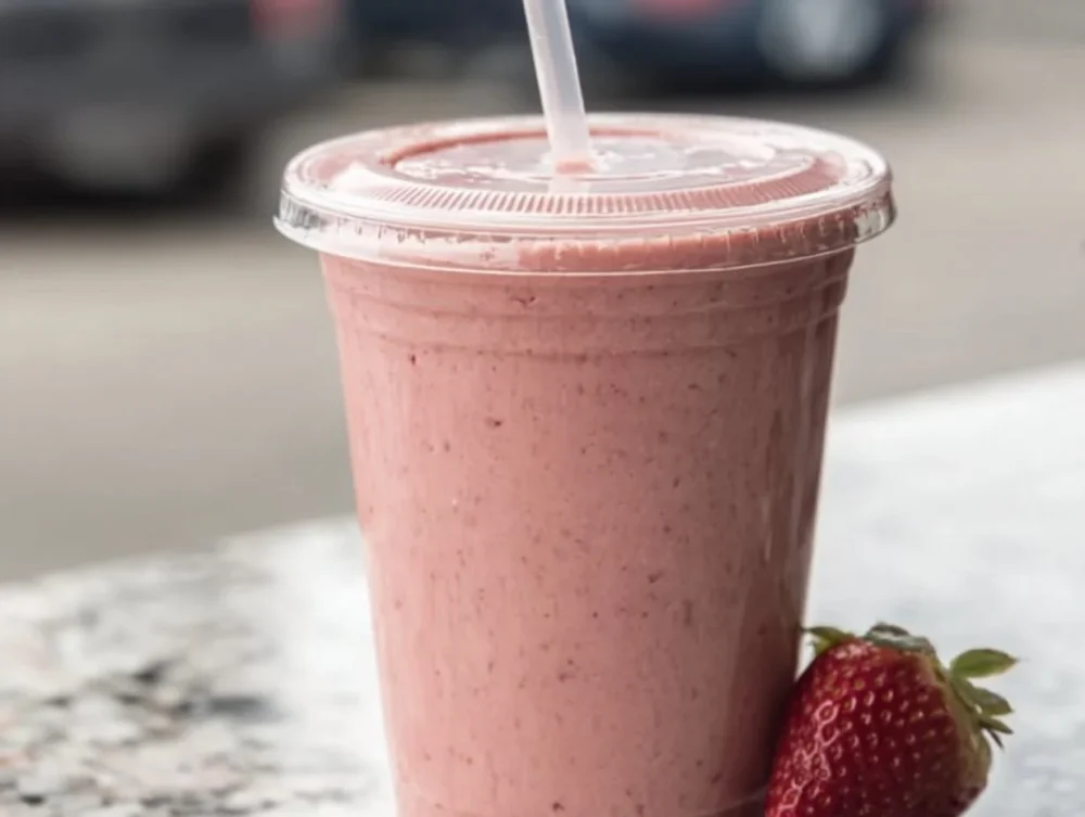 Delicious strawberry protein smoothie in a glass topped with fresh strawberries