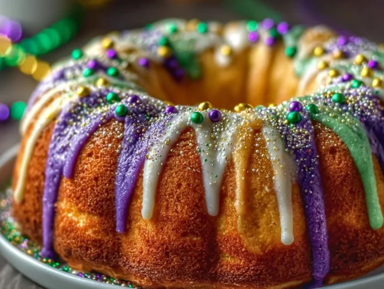 Traditional King Cake decorated with vibrant colors and Mardi Gras theme.