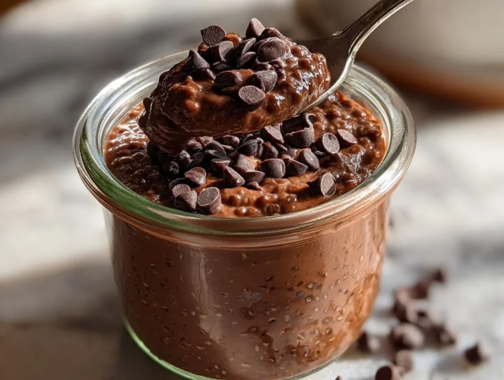 Bowl of healthy chocolate overnight oats topped with fruits and nuts