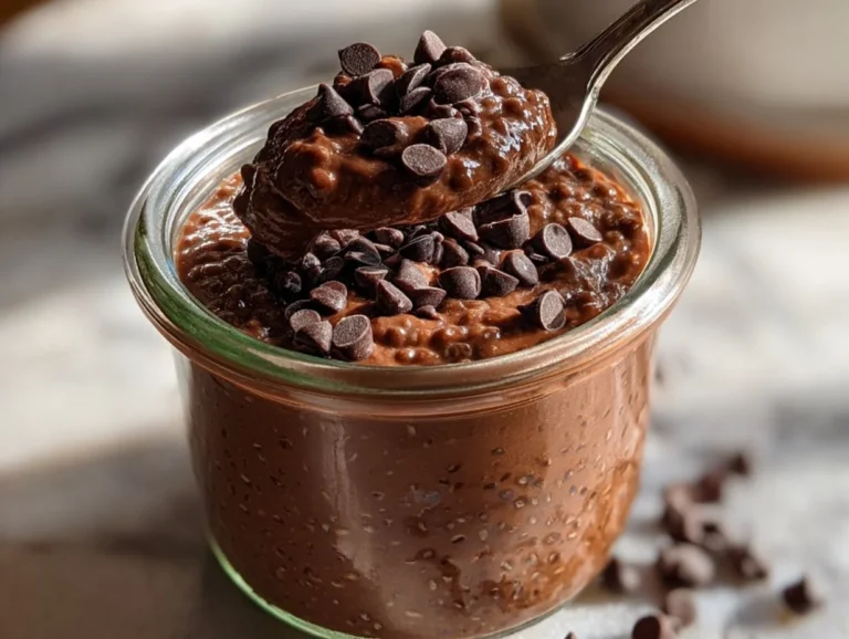 Bowl of healthy chocolate overnight oats topped with fruits and nuts