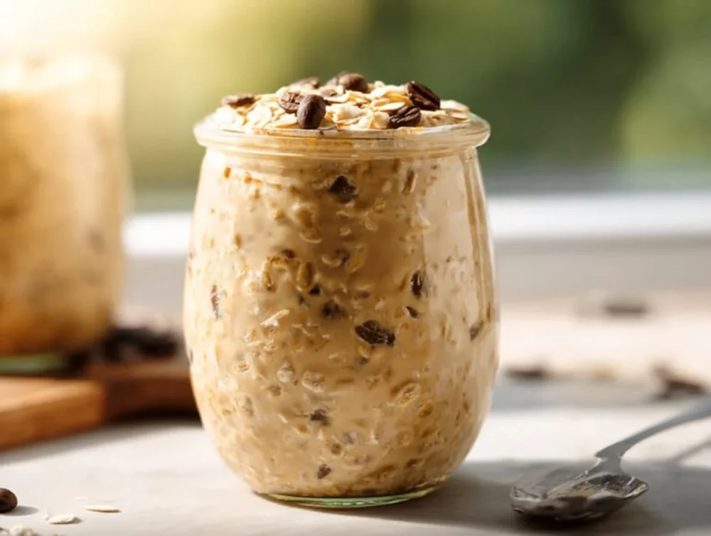 Bowl of vanilla cold brew overnight oats topped with fresh fruits and nuts