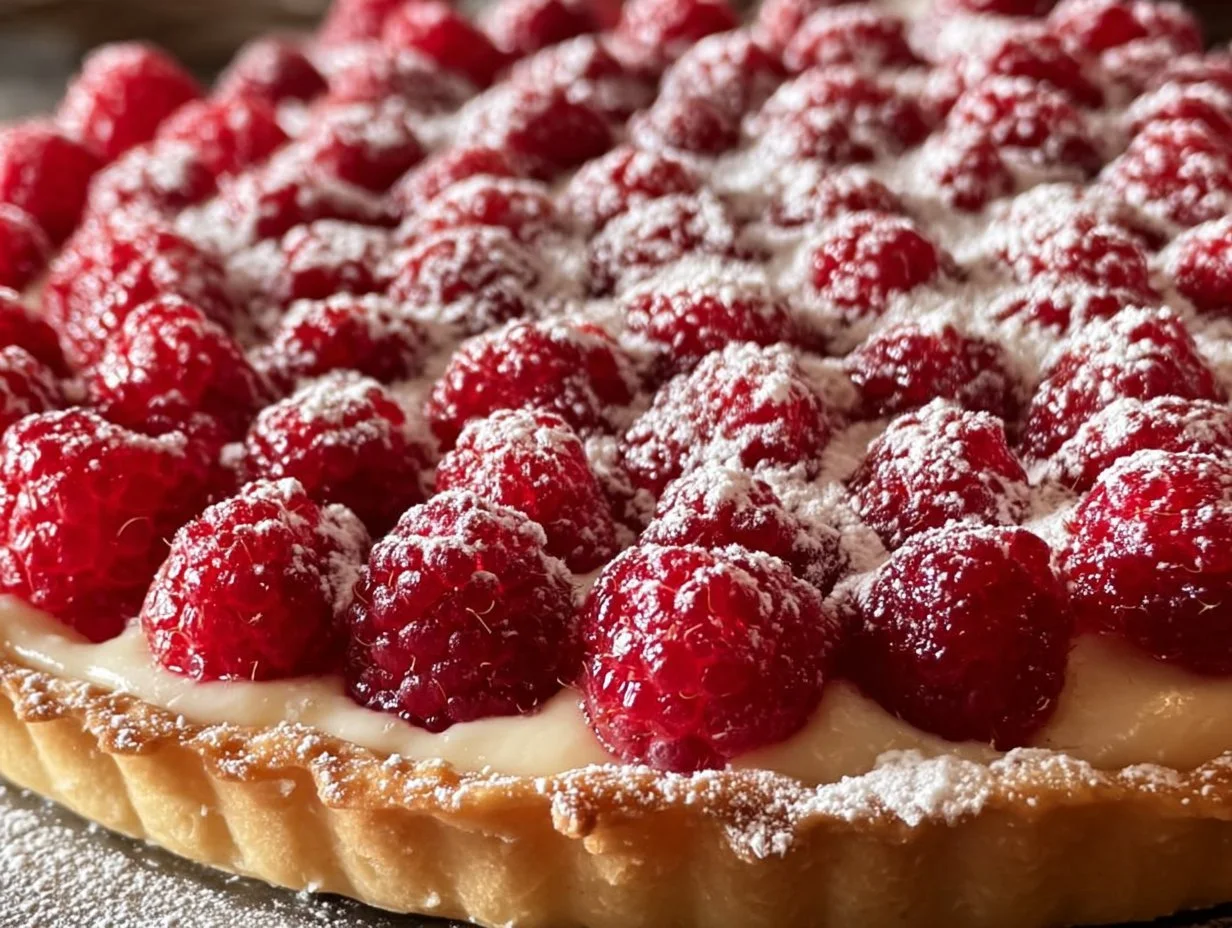 Sliced White Chocolate Raspberry Cream Pie on a plate with fresh raspberries