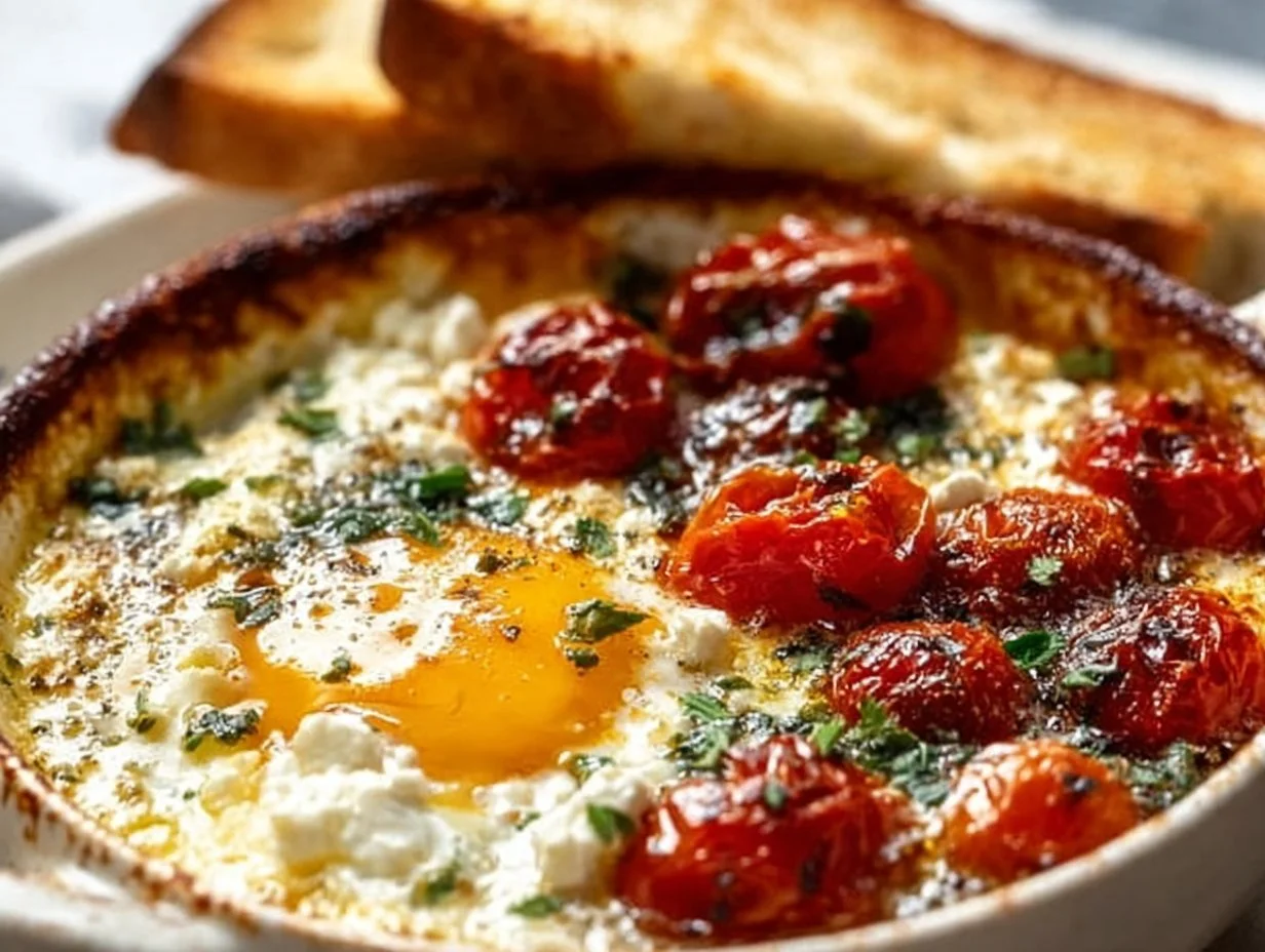 Delicious Baked Feta Eggs served in a skillet with fresh herbs.