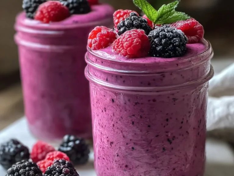 Delicious berry protein smoothie in a glass with fresh berries on top