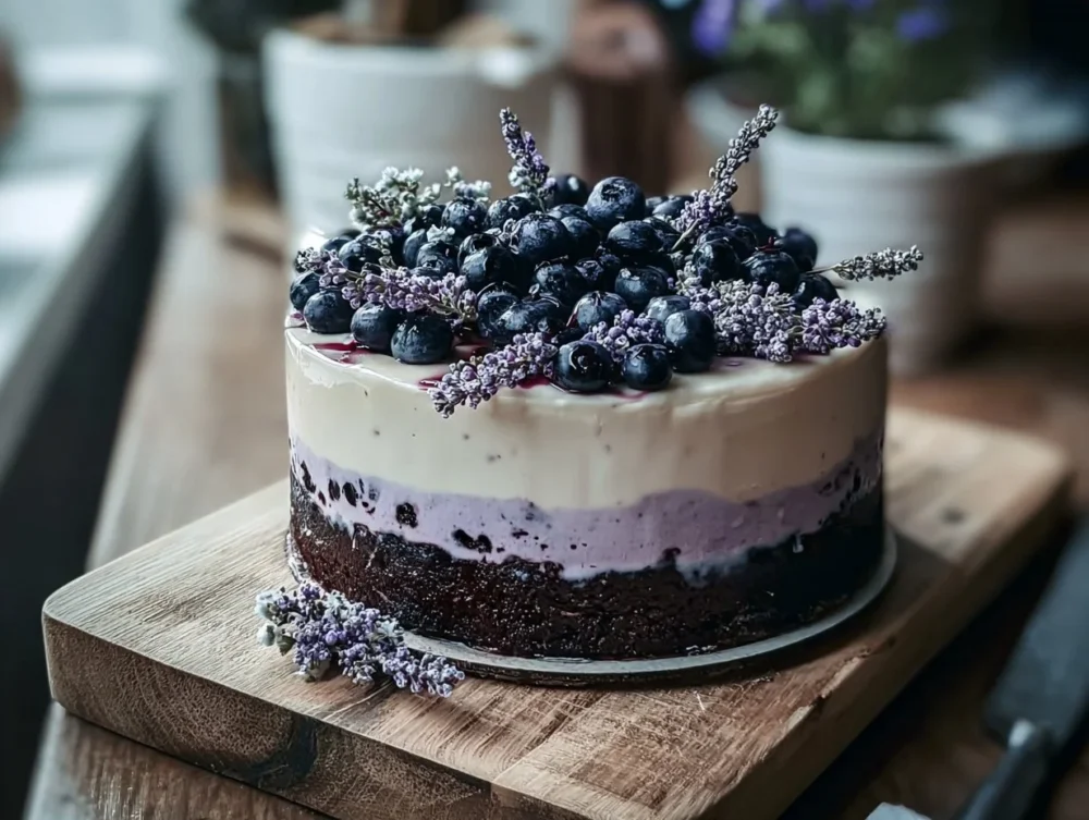 Delicious Blueberry Chocolate Lavender Cake with fresh blueberries and chocolate glaze