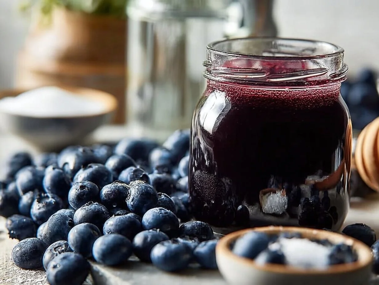 Blueberry coffee syrup bottle with fresh blueberries on a wooden table