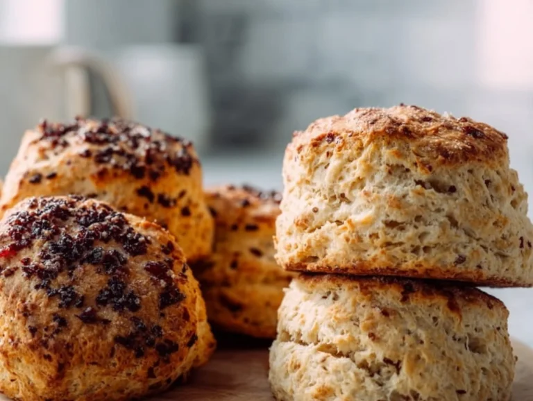 A plate of golden buttery flaky scones with jam and cream
