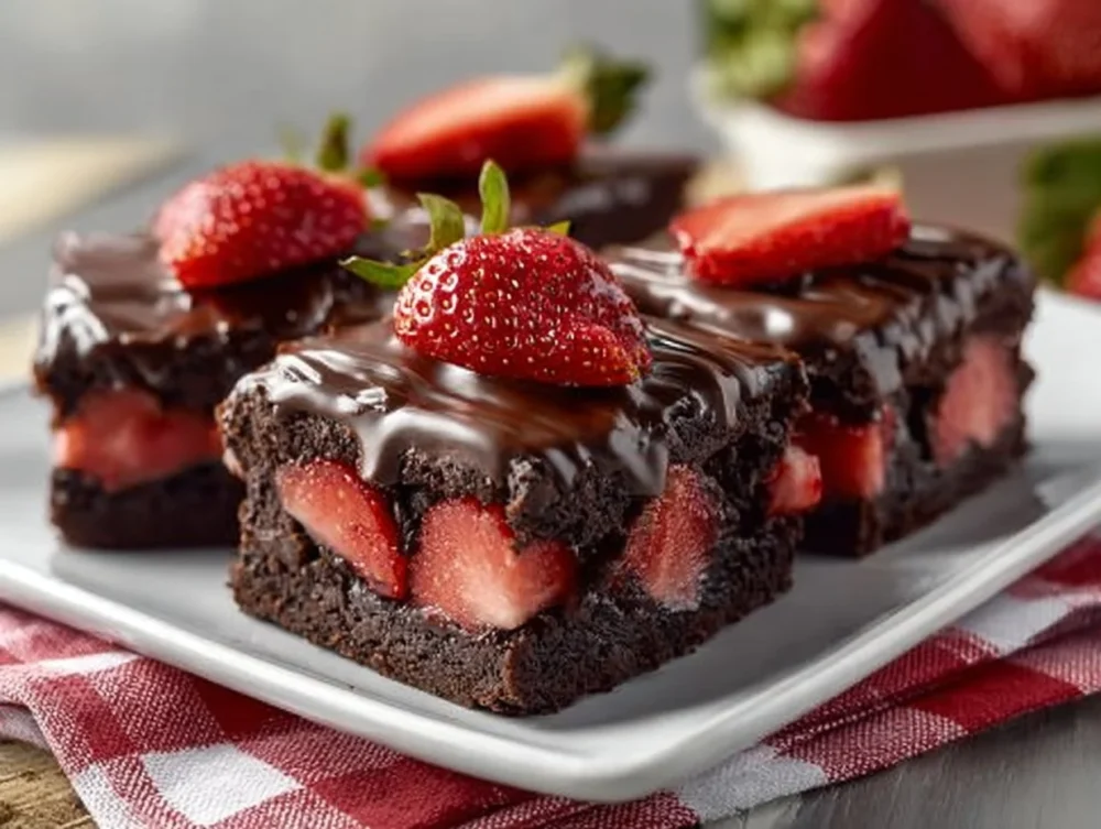 Deliciously decadent Chocolate Covered Strawberry Brownies topped with fresh strawberries.
