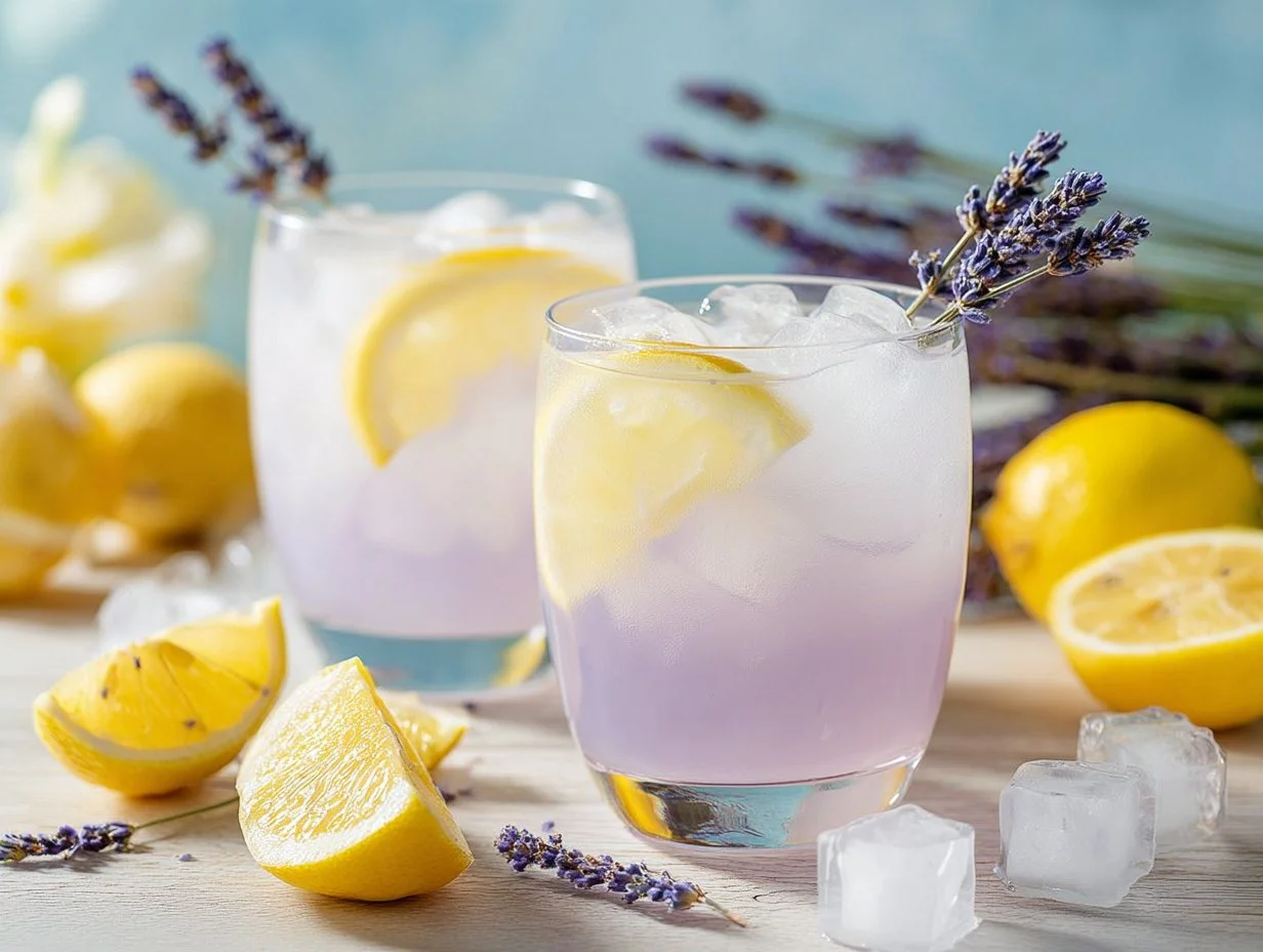 Glass of refreshing coconut lavender lemonade with garnishes