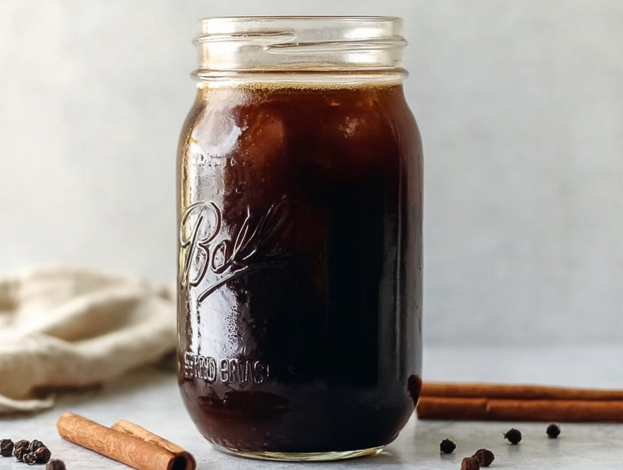 A refreshing iced chai latte served in a glass with spices and ice cubes.