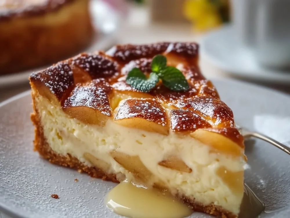 Easy sugar-free apple cream cheese cake topped with fresh apple slices