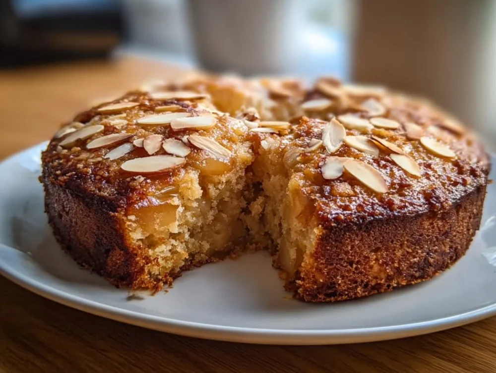 Slices of healthy oatmeal apple cake topped with cinnamon and fresh apple slices