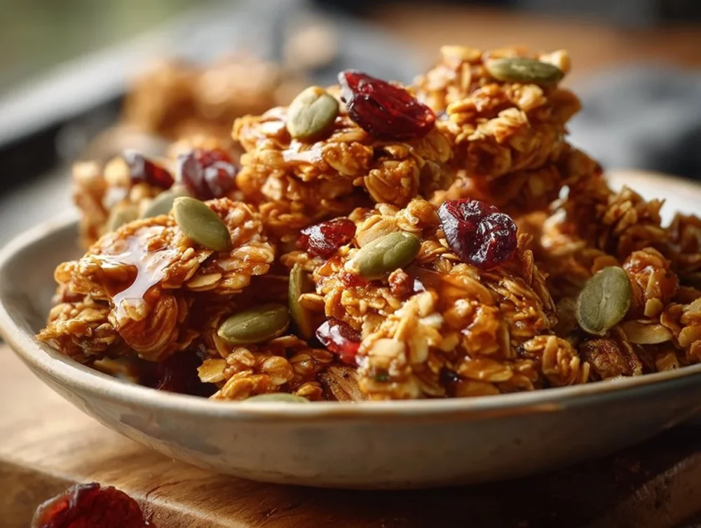 Bowl of Homemade Sugar Free Granola with nuts and dried fruits
