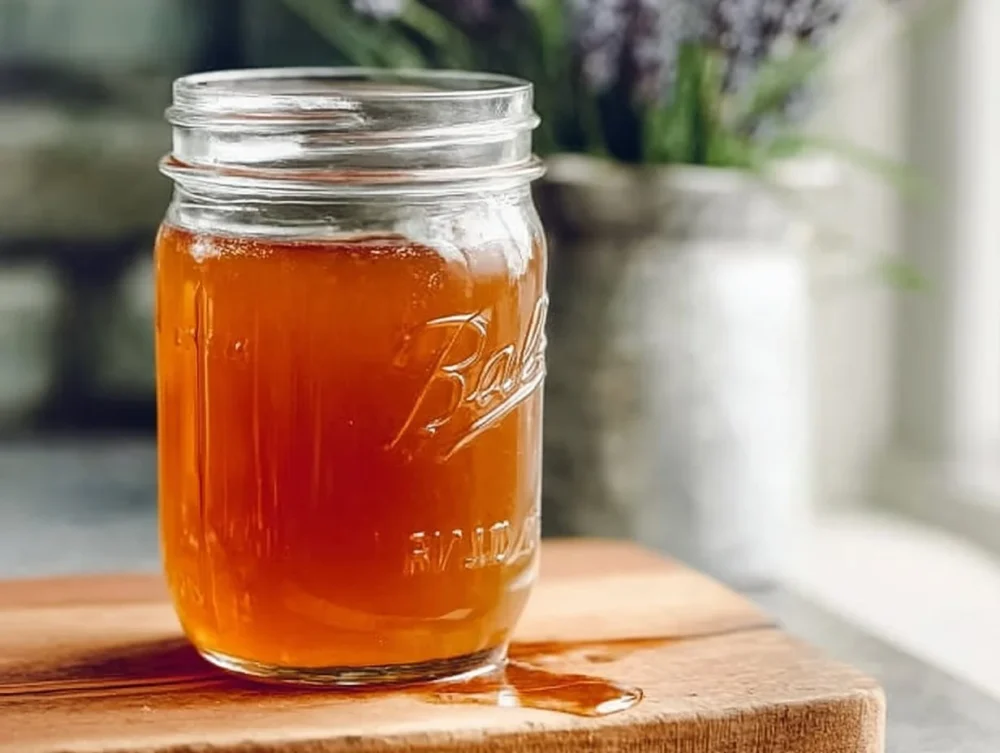Bottle of homemade honey lavender syrup with lavender flowers and honey.