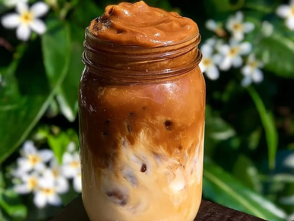 A cup of whipped coffee topped with foam and served with a spoon.