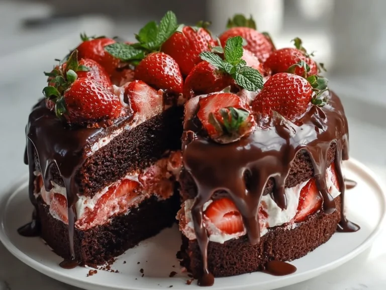 Indulgent strawberry chocolate cake with a chocolate shell and fresh strawberries