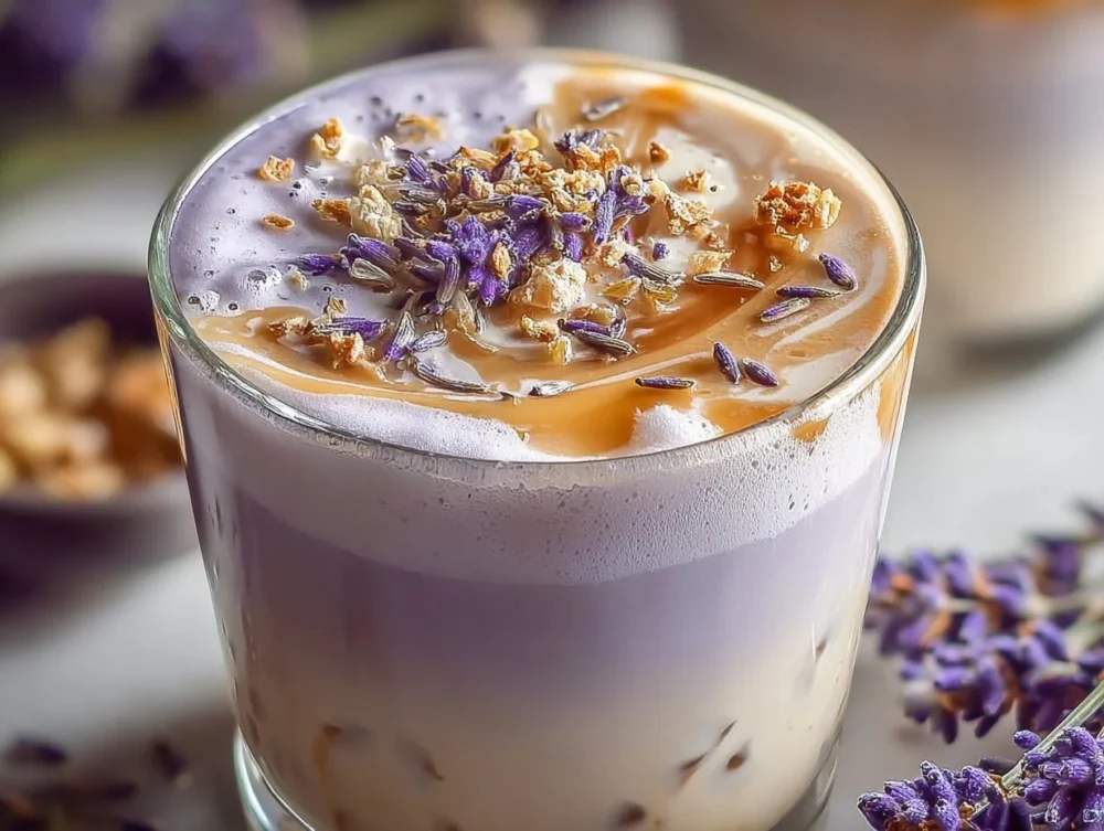 A refreshing cup of lavender milk tea with lavender flowers and frothy milk