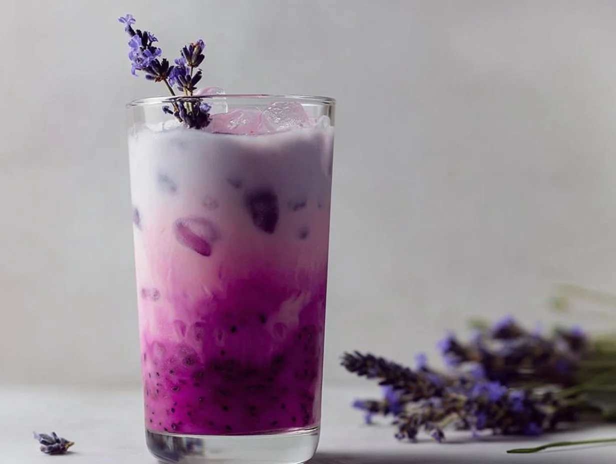 Refreshing Lavender Oat Milk with Dragon Fruit in a glass