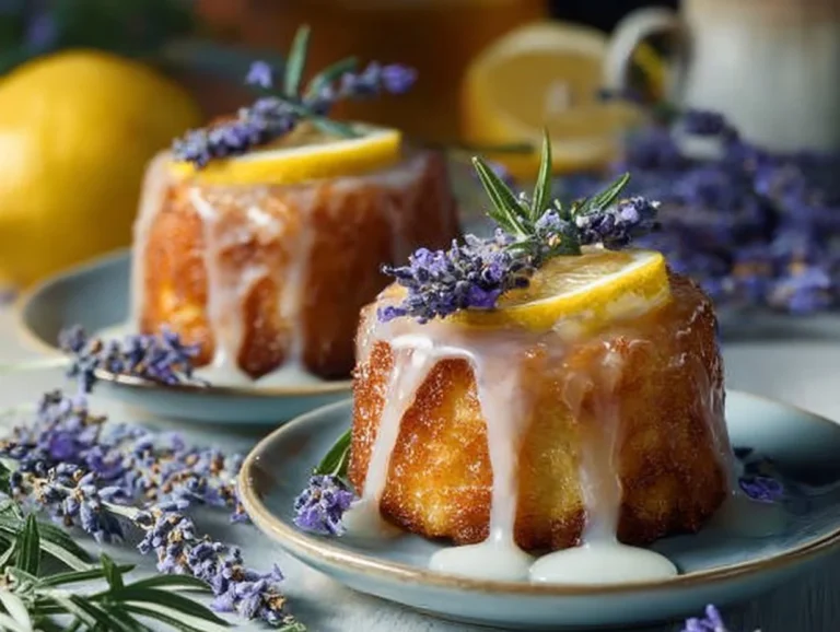 Mini lemon cakes with lavender glaze on a white plate