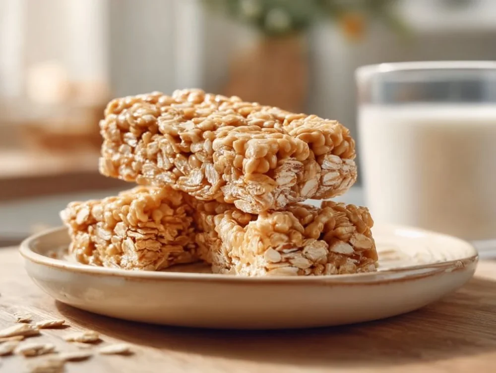 Delicious no-bake peanut butter oat snack bars on a wooden platter