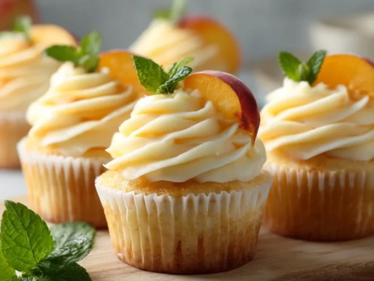 Delicious Peach & Honey Cheesecake Cupcakes topped with fresh peach slices.