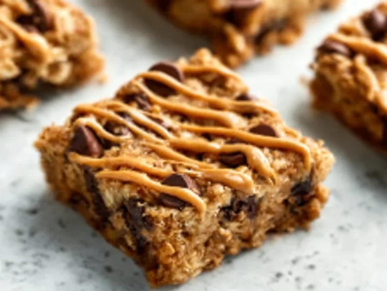 Peanut Butter Banana Chocolate Chip Oatmeal Bars on a wooden table
