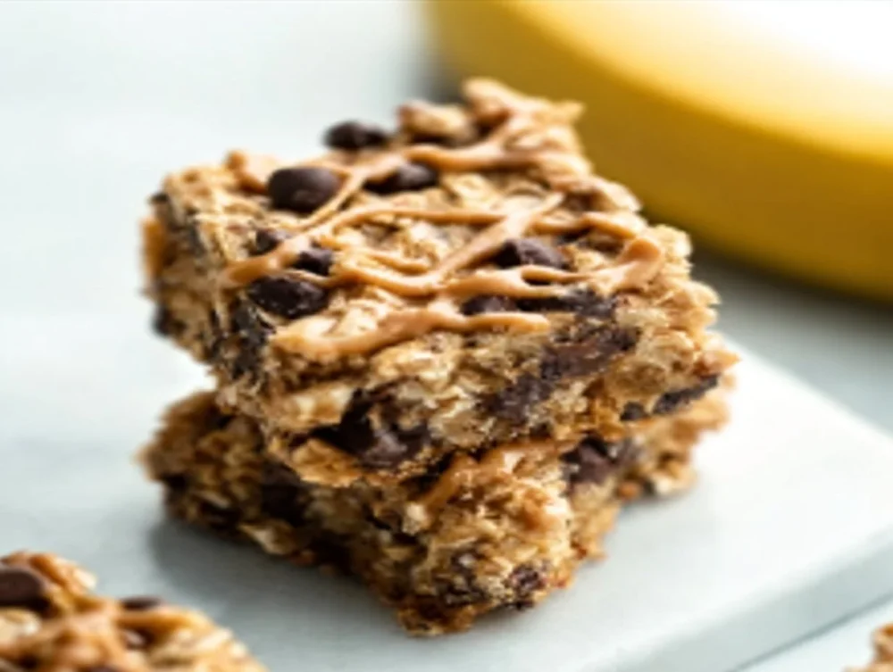 Peanut Butter Banana Chocolate Chip Oatmeal Bars on a wooden table