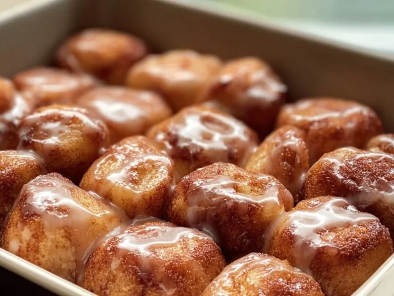 Plate of quick and easy cinnamon roll bites drizzled with icing