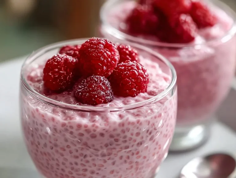 Bowl of raspberry chia pudding topped with fresh raspberries and mint leaves