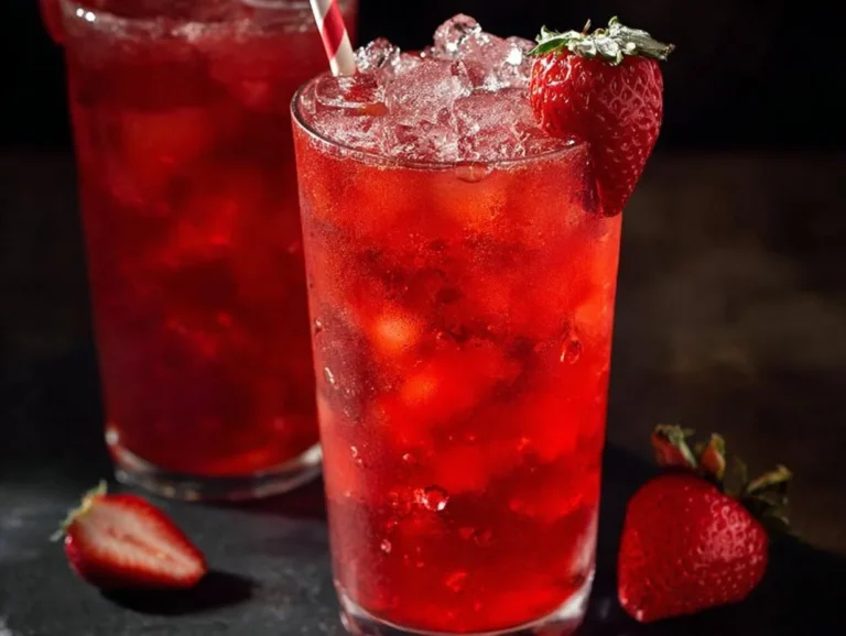Glass of refreshing vanilla strawberry iced tea with fresh berries and ice