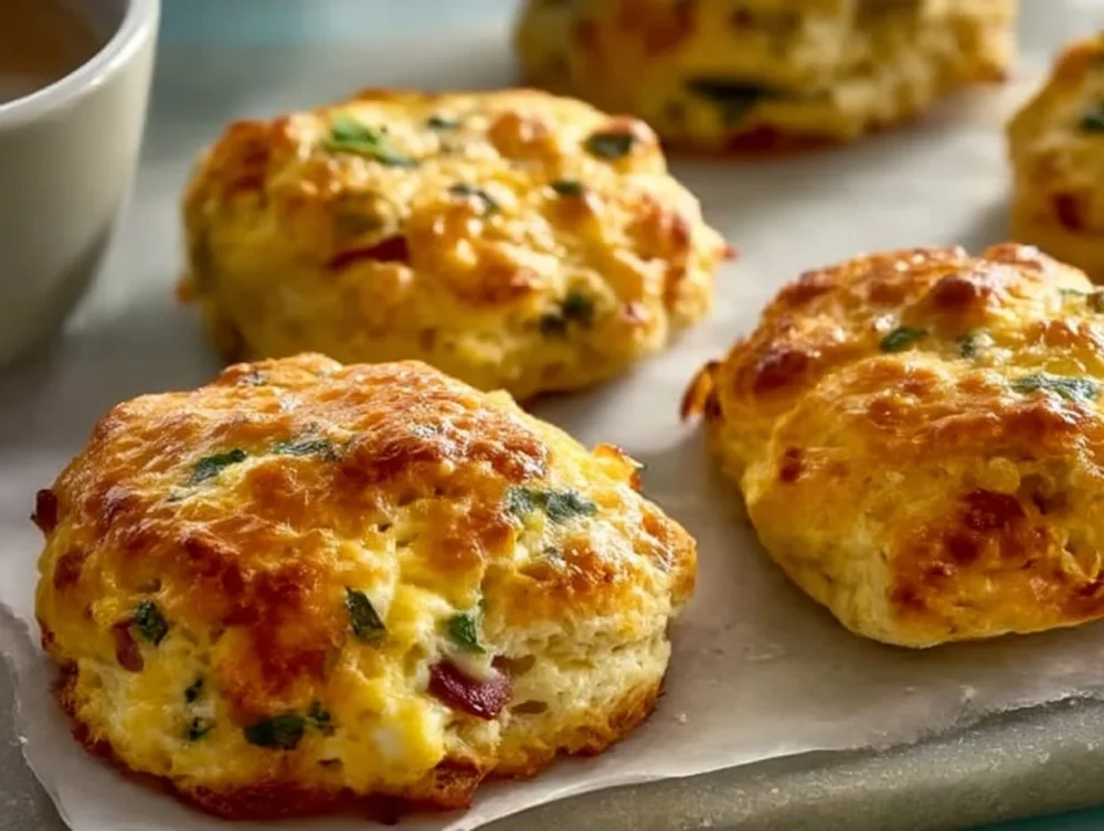 Savory egg biscuits fresh out of the oven, golden and flaky.