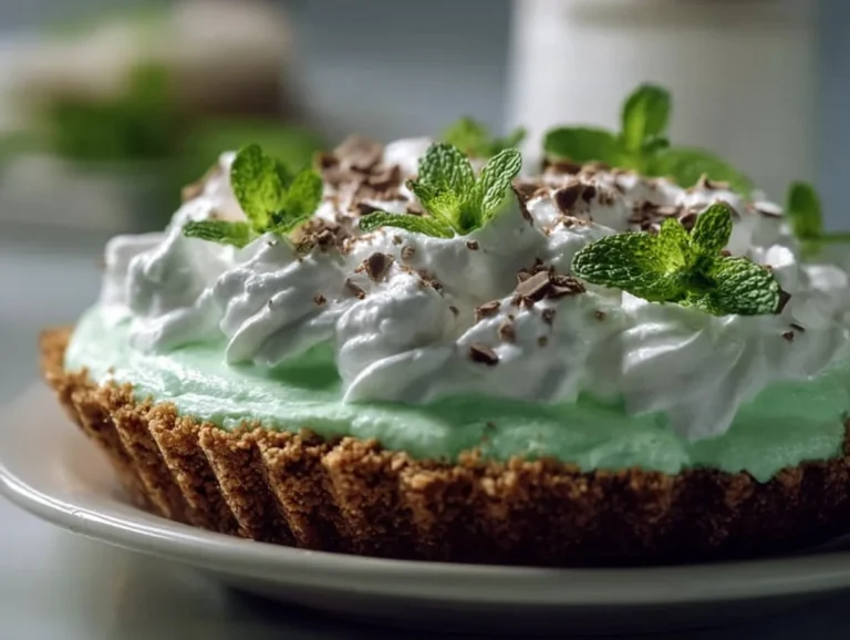 Delicious Shamrock Shake Pie topped with mint green whipped cream and chocolate shavings