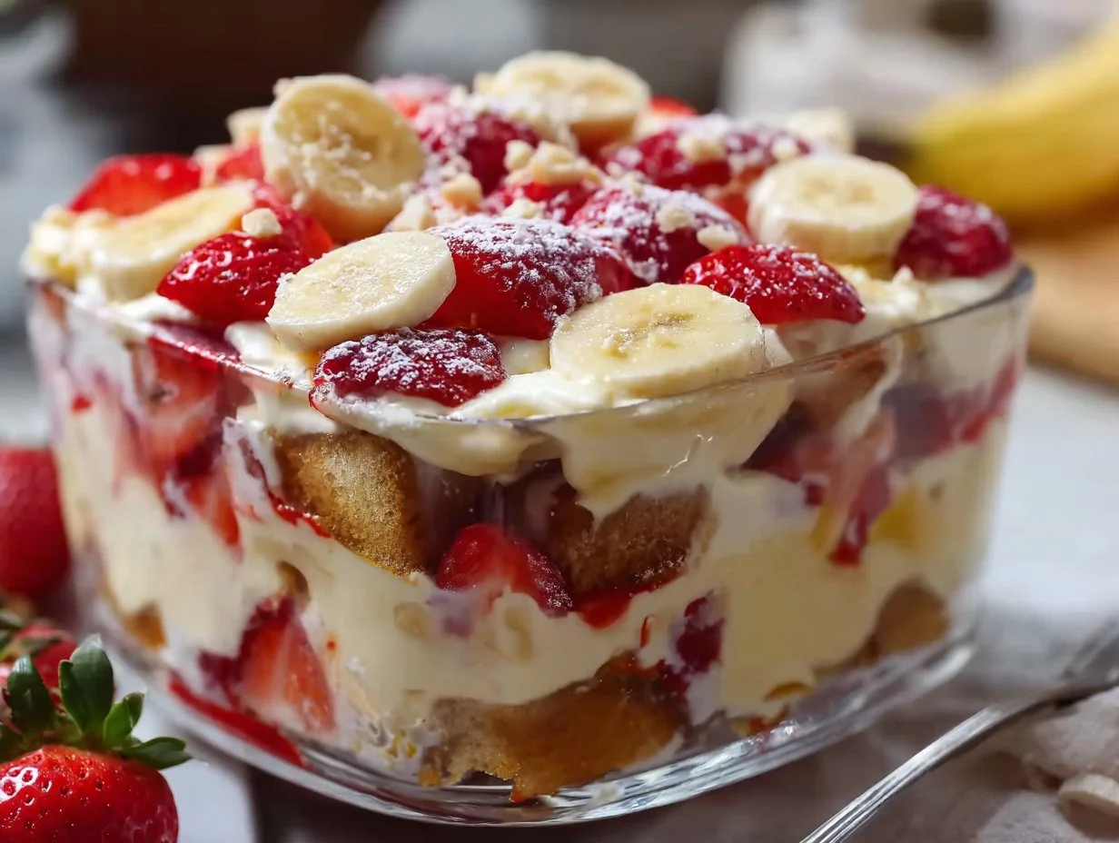 Delicious strawberry banana pudding served in a bowl with fresh strawberries and bananas.