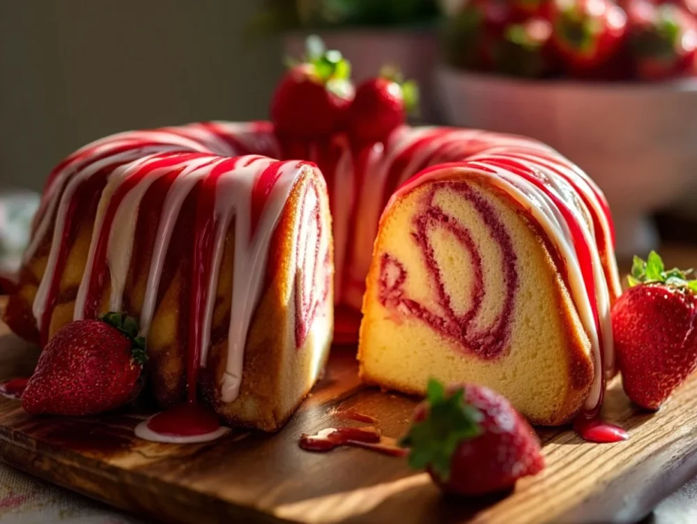 Slice of Strawberry Cream Cheese Pound Cake with fresh strawberries on top