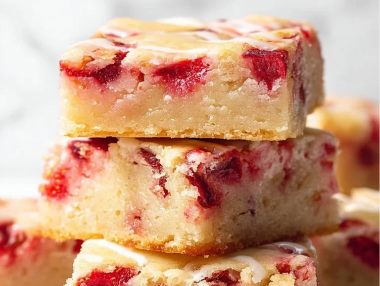 Delicious strawberry lemon blondies served on a plate with fresh strawberries.