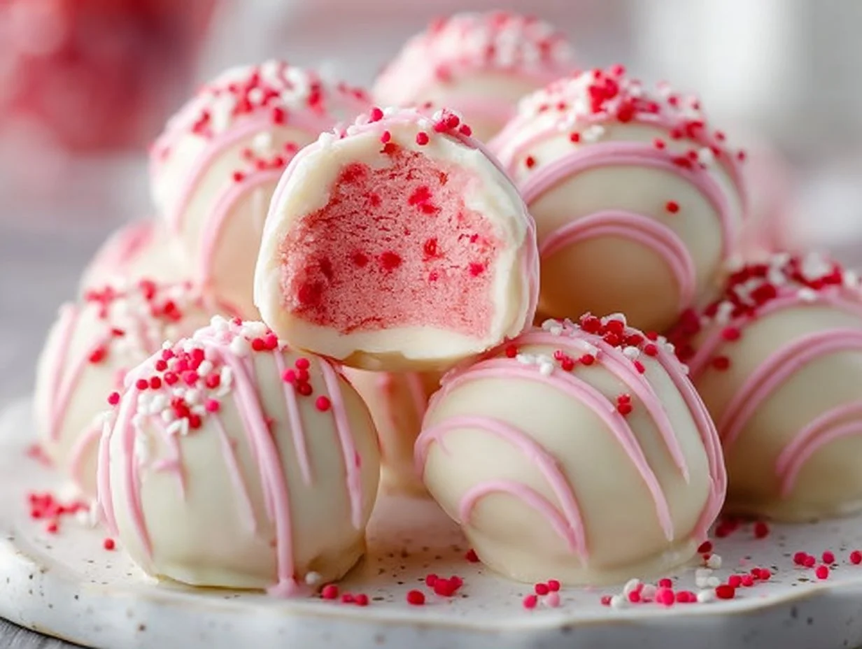 Delicious Strawberry Shortcake Truffles with fresh strawberries and creamy filling
