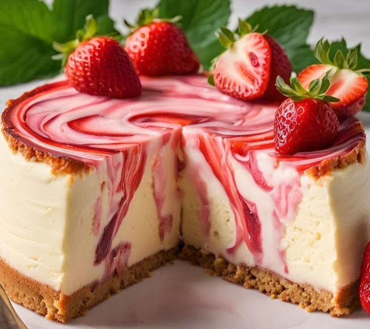 A slice of strawberry swirl cheesecake topped with fresh strawberries.